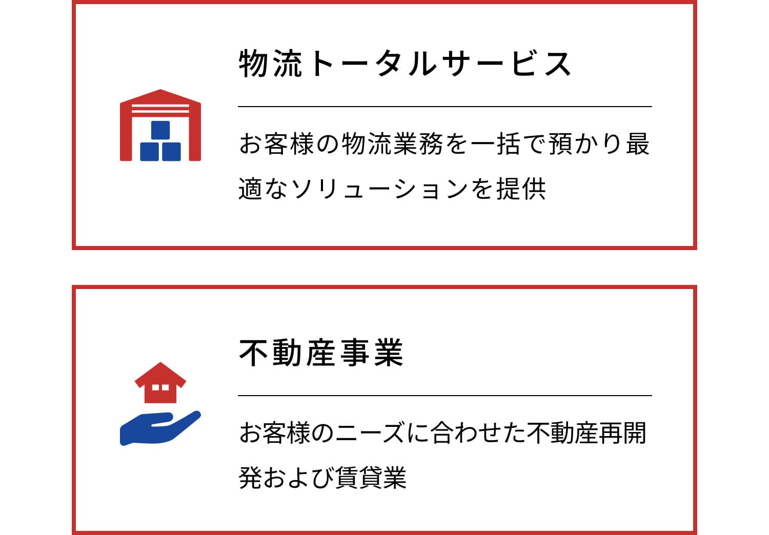 物流トータルサービス お客様の物流業務を一括で預かり最適なソリューションを提供 不動産事業 お客様のニーズに合わせた不動産再開発および賃貸業